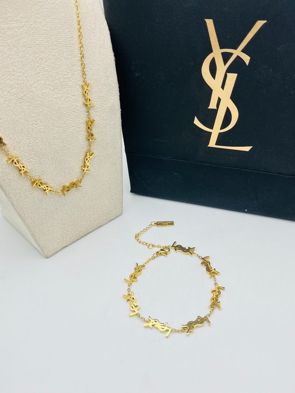 Fashion 4 Pc  Gold-tone Logo Necklace and Bracelet Duo